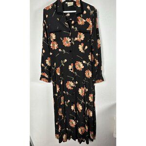 Vintage Coldwater Creek Floral Button-Front Shirt Dress Size 14 Black Orange